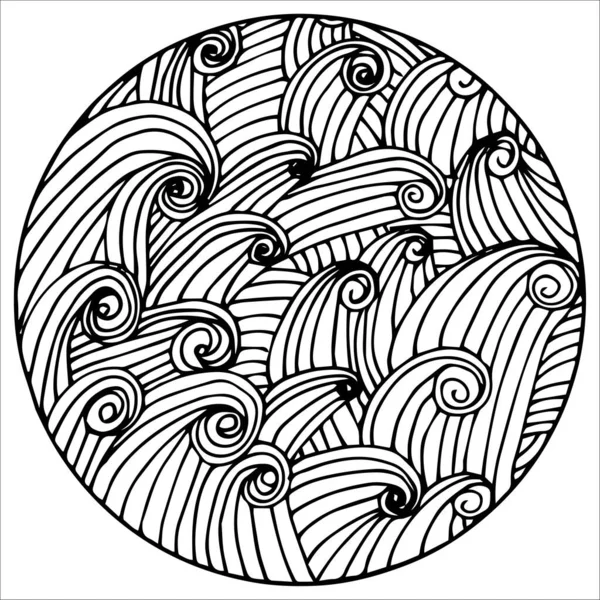 Círculo de fantasia surreal doodle com página de coloração de ondas para adultos. padrão sem costura ilustração simples desenhada à mão. — Vetor de Stock