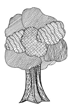 Yetişkinler için Doodle sürreal fantezi yumuşak yuvarlak ağaç boyama sayfası. Fantastik psikedelik grafik sanat eseri. Vektör el çizimi basit düz illüstrasyon.