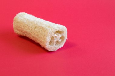 Vücut için tasarlanmış doğal çevresel lif kırmızı zeminde yatar. Yakın plan.