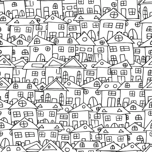 Хаус Забавный Рисунок Деревенская Векторная Иллюстрация Бесшовная Текстура Черно Белых — стоковый вектор