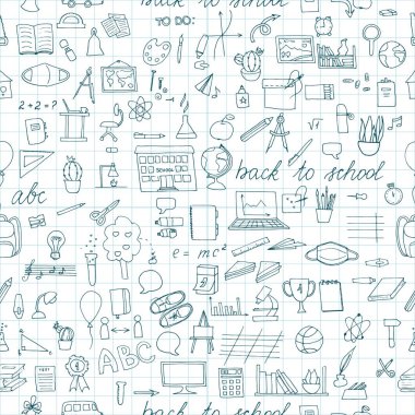 Beyaz arkaplandaki sorunsuz okul eşyalarının serbest çizimi okula geri döndü Basit düz vektör çizimi