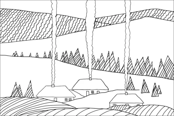 Kleurboek Winterlandschap Met Hand Getekend Eenvoudige Platte Vector Illustratie Outline — Stockvector