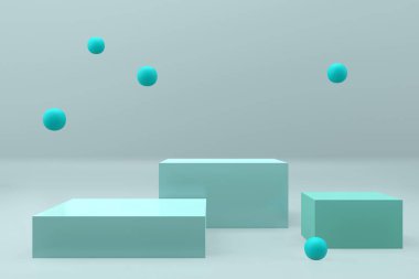 Geometrik formlarla soyut asgari sahne. Kare podyumlar ve toplar yumuşak nane ya da mavi renklerde. Ürünleri göstermek için sahneyi düzenleyin. Vitrin, vitrin, vitrin. 3d oluşturma