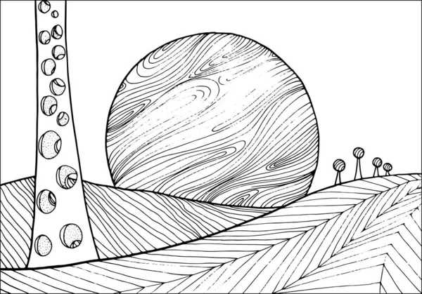 Doodle Cizí Fantasy Krajina Planetami Obloze Zbarvení Stránky Pro Dospělé — Stockový vektor