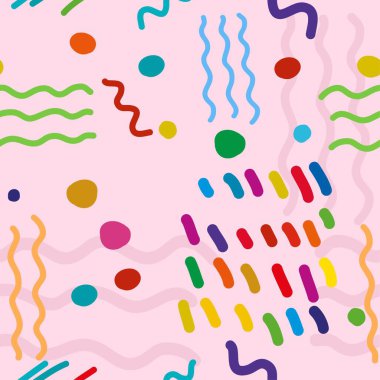 Renkli karalamalarla dekoratif, soyut, pürüzsüz desen. El çizimi modern ilkel biçim koleksiyonu Basit düz vektör çizimi