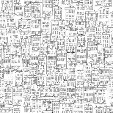 Evin komik karalama şekli, köy vektör çizimi. Siyah ve beyaz renklerde pürüzsüz doku