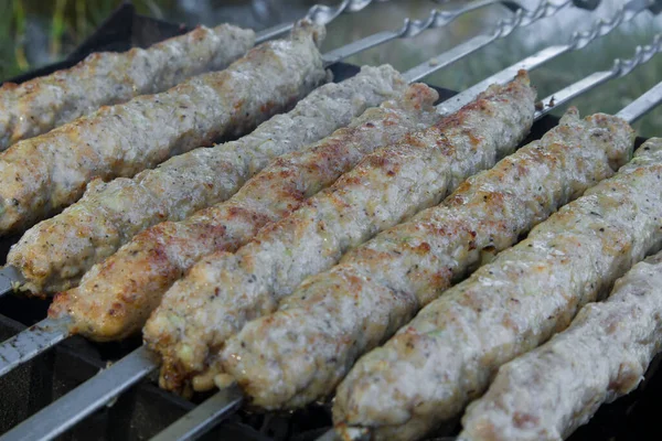 Lula Kebab在野餐烤架上的烹调 背景模糊 — 图库照片
