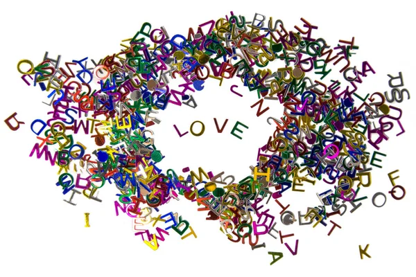 Bright Multicolored Small Letters Scattered Sign Love Isolated White Background — Stockfoto