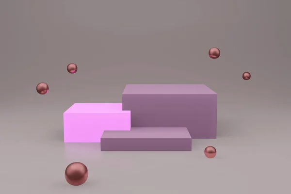 Geometrik formlarla soyut asgari sahne. Parlak mor renkli köşe podyumları. Ürünleri göstermek için sahneyi düzenleyin. Vitrin, vitrin, vitrin. 3d oluşturma