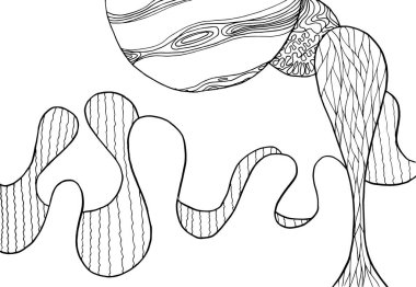 Yetişkinler için gökyüzü renklendirme sayfasında gezegenler olan uzaylı fantezi manzarasını karala. Fantastik psikedelik grafik sanat eseri. Vektör el çizimi basit düz illüstrasyon.