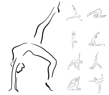 Yoga yapan genç bir kadın. Bir çizim seti, ayakta duran Asana, basit düz vektör çizimi.