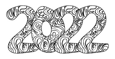 Yeni yıl 2022 Zentangle karalama tarihi. Süslü bayram sembolü. Yazdırma, dizayn ve renklendirme sayfaları için vektör illüstrasyonu.