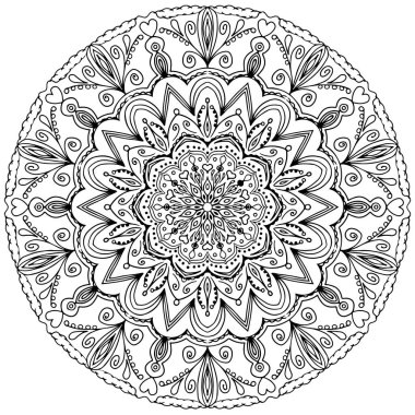 Beyaz arka planda çiçek unsurları olan dekoratif mandala. Kusursuz soyut desen. Boyama kitabı, ambalaj kağıdı ve ambalaj için uygun