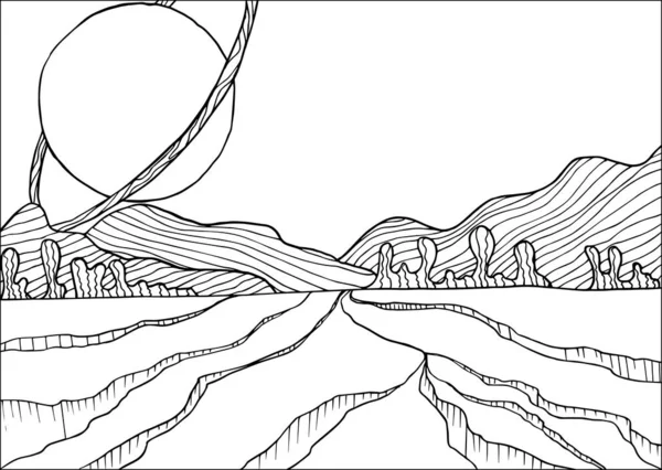 Doodle Alien Fantasy Landschap Met Grote Kraters Kleurplaat Voor Volwassenen — Stockvector