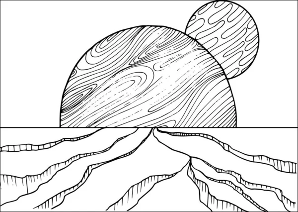 大人のための大きなクレーターの着色ページで外国人のファンタジーの風景をかわす 幻想的なサイケデリックなグラフィックアートワーク ベクトル手描きシンプルなフラットイラスト — ストックベクタ