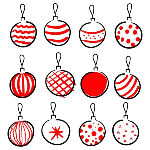 Set Handdrawn Bright Red Christmas Balls Isolated White Background Outline — Stock Vector