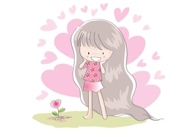 Pembe kalbi ve çiçekleri olan kız.
