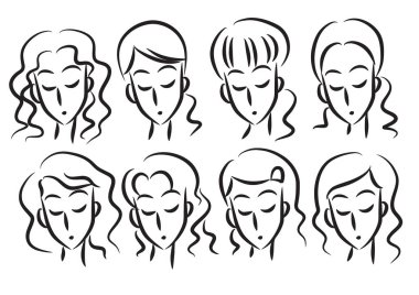 Yüz ifadeleri, yüzü ve genç bir kadın olan ikonlar. Vektör çizimi. beyaz arkaplanda izole.