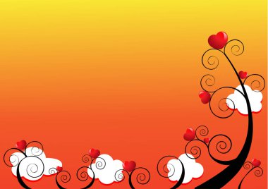 Renkli arka plana karşı ağaçlarda büyüyen kalplerin vektör çizimi 