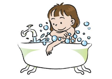 Diş fırçasıyla banyoda küçük bir kızın resmi.