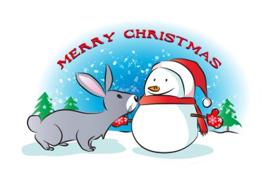 İçinde tatlı tavşan ve kardan adam olan bir Noel kartı.