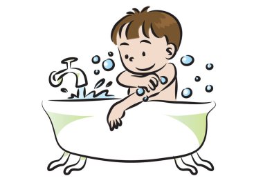 Diş fırçasıyla banyo yapan bir çocuğun resmi.