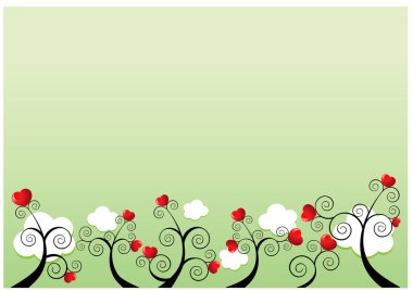 Renkli arka plana karşı ağaçlarda büyüyen kalplerin vektör çizimi 