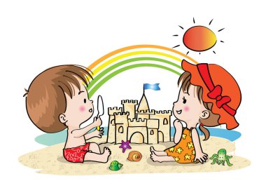 Yazlık elbiseli bir çocukla bir kızın resmi.