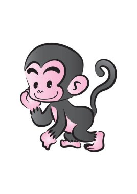 İzole edilmiş beyaz arka planda sevimli pembe ve mor çizgi film maymunu