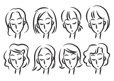 Yüz ifadeleri, yüzü ve genç bir kadın olan ikonlar. Vektör çizimi. beyaz arkaplanda izole.