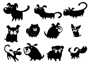 Beyaz arkaplanda izole edilmiş komik çizgi film köpekleri, vektör illüstrasyonu 