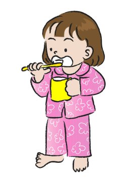 Pijamalı çocuk beyaz dişlerini fırçaladı.