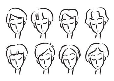 Yüz ifadeleri, yüzü ve genç bir kadın olan ikonlar. Vektör çizimi. beyaz arkaplanda izole.