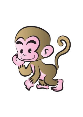 İzole edilmiş beyaz arka planda sevimli pembe ve mor çizgi film maymunu