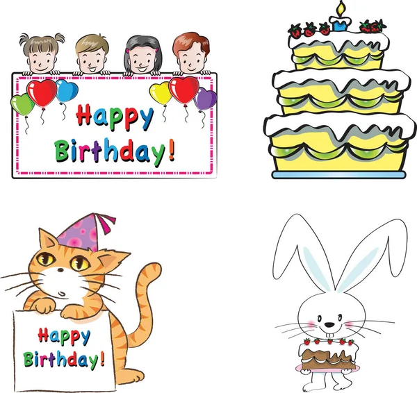 Set Birthday Cards Cute Bunny Flowers — Stock Vector