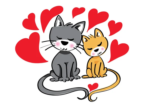 Divertido Dibujos Animados Gatos Con Corazones Blanco Fondo — Vector de stock