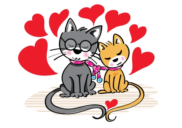 Divertido Dibujos Animados Gatos Con Corazones Blanco Fondo — Vector de stock