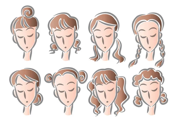 Conjunto Iconos Con Expresiones Faciales Cara Mujer Joven Ilustración Vectorial — Vector de stock