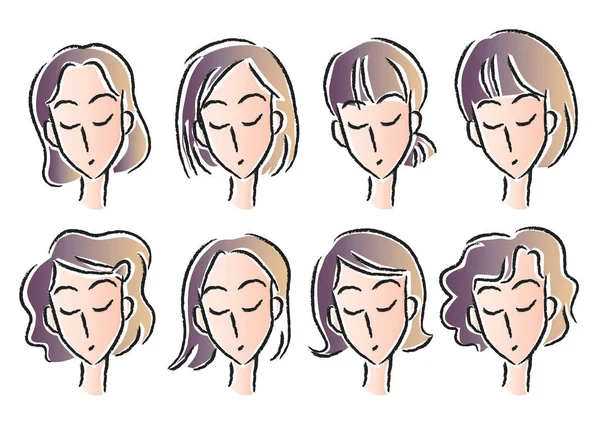 一组带有面部表情 面部和年轻女性的图标 矢量图解 在白色背景下隔离 — 图库矢量图片