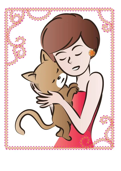 Mujer Sosteniendo Gato Vector Ilustración — Vector de stock