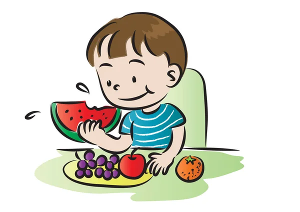 Junge Isst Wassermelone Auf Weißem Hintergrund — Stockvektor