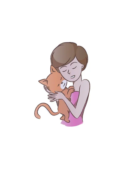 Frau Mit Katze Vektorillustration — Stockvektor