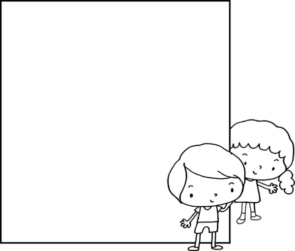 Gambar Kartun Hitam Putih Dari Seorang Gadis Dengan Papan Sekolah - Stok Vektor
