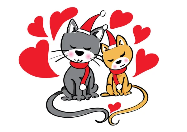 Divertido Dibujos Animados Gatos Con Corazones Blanco Fondo — Vector de stock