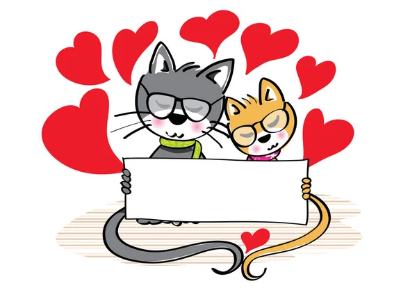 Divertido Dibujos Animados Gatos Con Corazones Blanco Fondo — Vector de stock