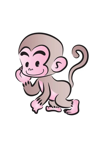 Bonito Pequeno Macaco Albino Desenho Animado Acenando Mão Royalty