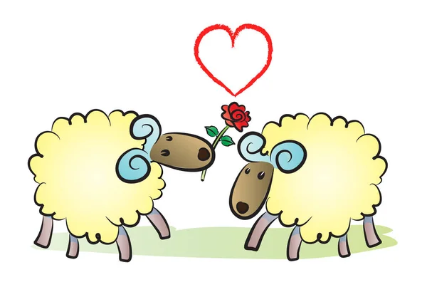 Mignon Dessin Animé Moutons Avec Amour Coeur — Image vectorielle