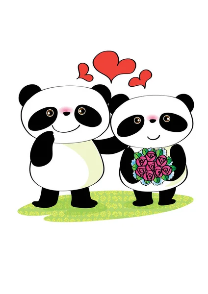 两只可爱的熊猫和一朵心形的花 — 图库矢量图片