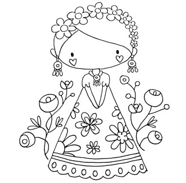 Beyaz arka planda izole edilmiş şirin çizgi film kızı, vektör çizimi 