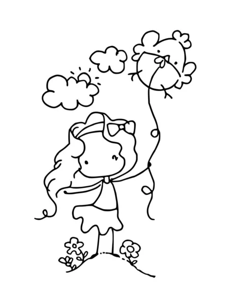 長い髪と黒と白のラインアートベクトルイラストのかわいい漫画の女の子 — ストックベクタ